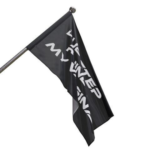Black flag on pole shows “DUBSTEP RUINED MY VAGINA” in a folded angled view