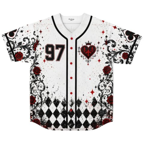Crowned heart front with 97, red buttons, rose scrollwork, and harlequin diamonds