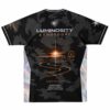 Back view of black camo rave soccer jersey with sunset design and coordinates