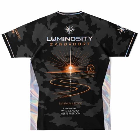 Back view of black camo soccer jersey with sunset design and coordinates