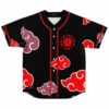 Anime-inspired red cloud pattern jersey, button front, small eye emblem, front view on white