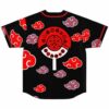 Anime-inspired red cloud pattern jersey with circular eye emblem, back view on white