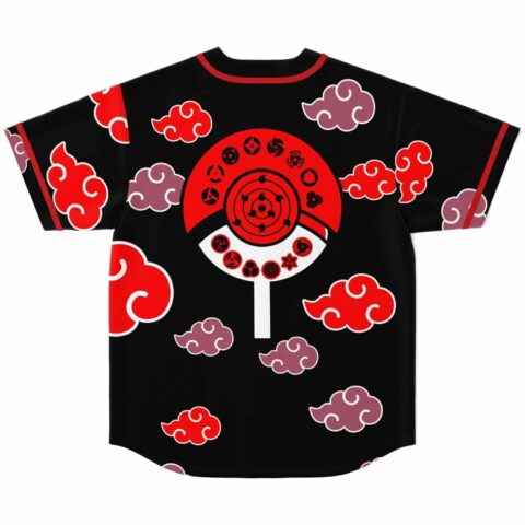 Anime-inspired red cloud pattern jersey with circular eye emblem, back view on white