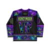 Back view of black cosmic rave hockey jersey with colorful cosmic graphic elements