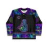 Black cosmic peace symbol rave hockey jersey with colorful cosmic patterns, front view