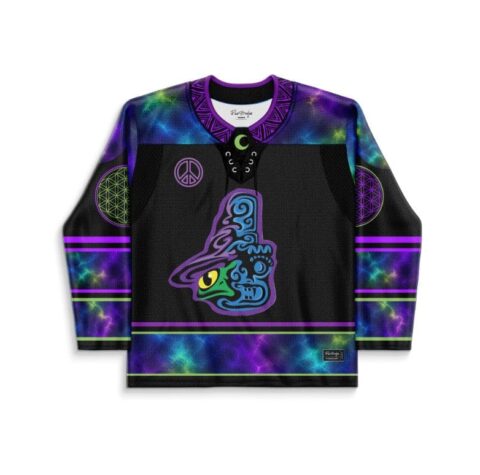 Black hockey jersey with colorful cosmic patterns and peace symbol