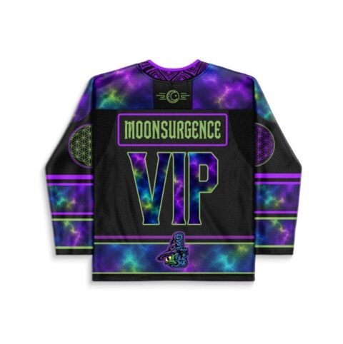 Back view hockey jersey with vibrant cosmic text and lettering