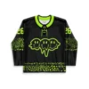 Front view of black neon dripping smiley trio design with speckled sleeves for festival wear