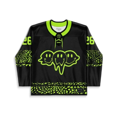 Front view of black neon dripping smiley trio design with speckled sleeves for festival wear
