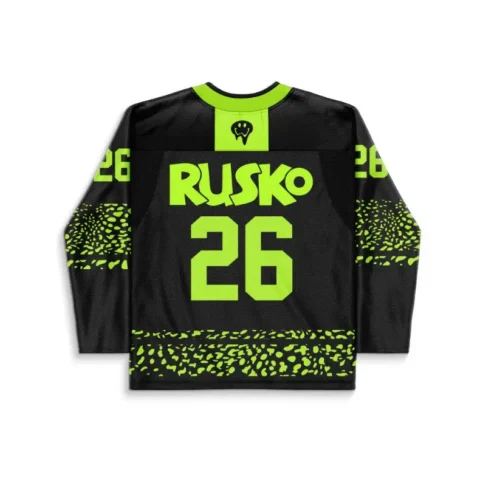 Back view of black neon acid-trip jersey with bright 26 lettering for festival wear