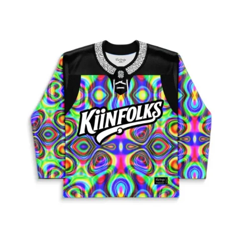 Rainbow kaleidoscopic fractal hockey jersey with bold Kiinfolks text, front view on white background
