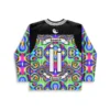 Rainbow kaleidoscopic fractal hockey jersey with South and Central banners, back view on white background