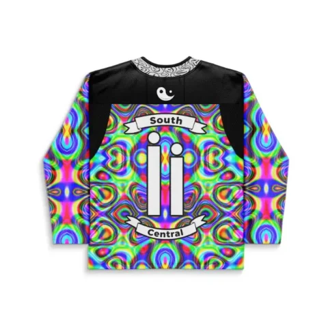 Rainbow kaleidoscopic fractal hockey jersey with South and Central banners, back view on white background