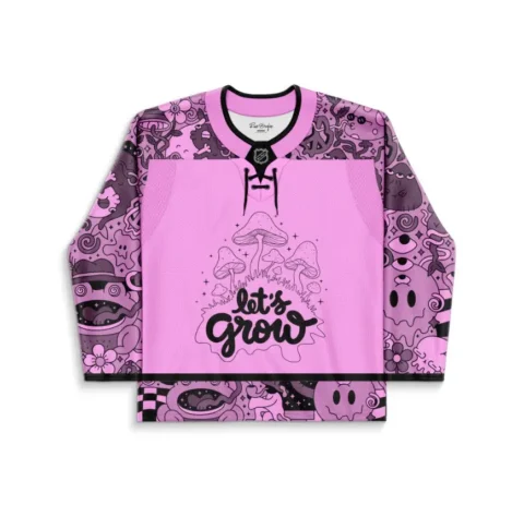 Pink psychedelic doodle jersey front view featuring mushrooms and “let’s Grow” text on white background