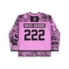 Pink psychedelic doodle jersey back view displaying “BASS BADDIE” and number 222 amid playful motifs
