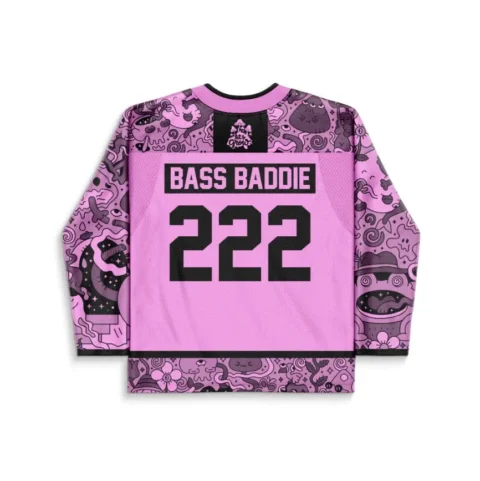 Pink psychedelic doodle jersey back view displaying “BASS BADDIE” and number 222 amid playful motifs