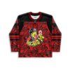 Front view of red-and-black abstract swirl jersey with yellow-faced cartoon hockey player graphic