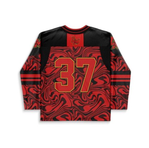 Back view of red-and-black abstract swirl jersey featuring large gold-outlined number 37