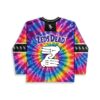 Rainbow tie-dye back featuring white hand symbol and black sleeve bands, rear jersey view