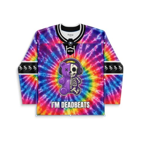 Rainbow tie-dye front with split bear-skeleton character wearing headphones, centered on hockey jersey