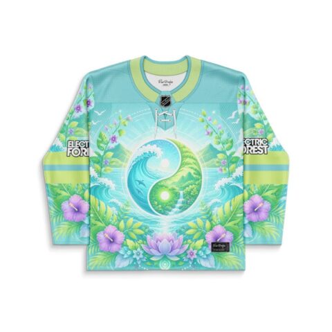Nature yin-yang floral rave jersey front view with turquoise waves, lime hills, and purple flowers