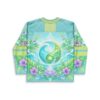 Nature yin-yang floral rave jersey back view with turquoise waves, lime hills, and purple flowers
