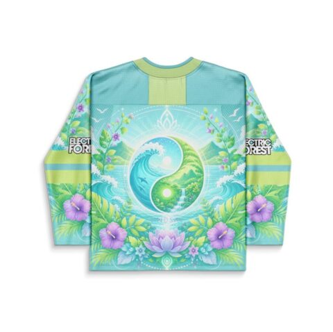 Nature yin-yang floral rave jersey back view with turquoise waves, lime hills, and purple flowers
