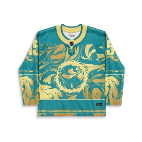 Front-view liquid marble swirl in teal and gold, with lace collar and circular wreath motif