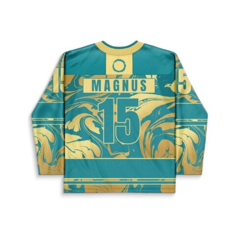 Liquid marble swirl back view in teal and gold, with readable “MAGNUS” and number 15