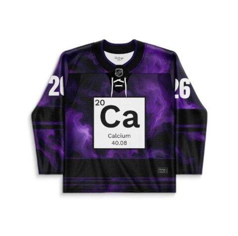 Black and purple smoke hockey jersey front with periodic-table Calcium panel and 20/26 sleeve numbers