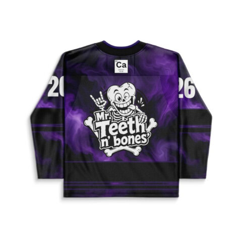 Black and purple smoke hockey jersey back featuring readable Mr Teeth n bones skeleton graphic