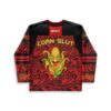 Red-black abstract swirl jersey back featuring a corn graphic and “CORN SLUT” text, studio view