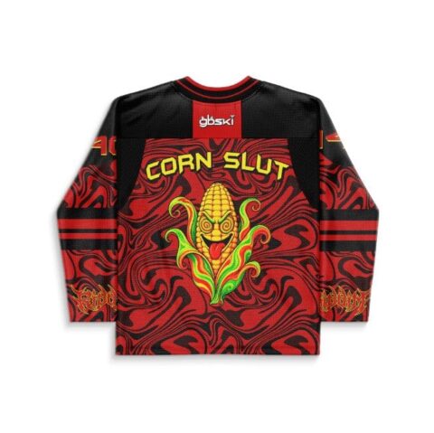 Red-black abstract swirl jersey back featuring a corn graphic and “CORN SLUT” text, studio view