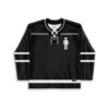 Black glitchy human pattern jersey front view with white figure emblem and striped sleeves