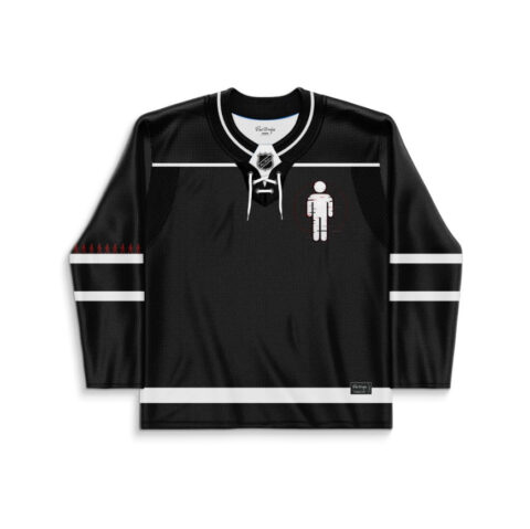 Black glitchy human pattern jersey front view with white figure emblem and striped sleeves