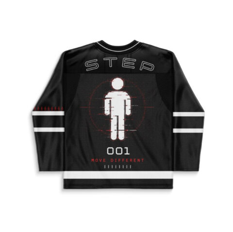 Black glitchy human graphic jersey back view with “STED,” “001,” and “MOVE DIFFERENT” text