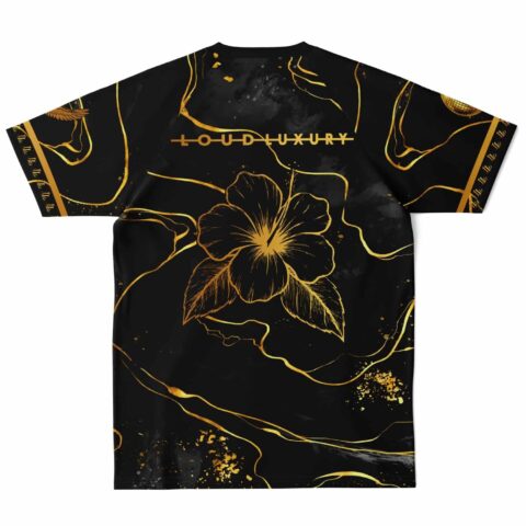 Back view of black jersey with floral graphic and text