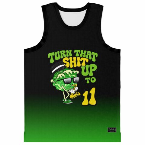 Cartoon cannabis character in sunglasses with "TURN THAT SHIT UP TO 11" on black-green front