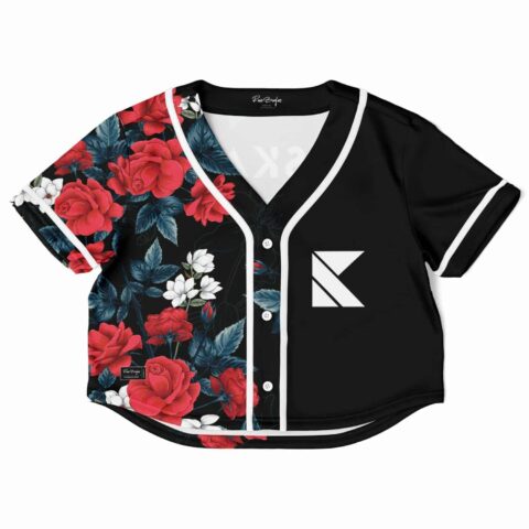 Black cropped baseball jersey with floral pattern design