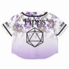 Lavender floral rave cropped baseball jersey with flowers and geometric shapes
