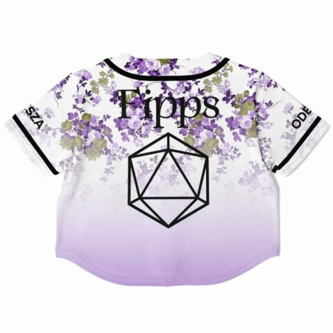 Cropped baseball jersey with lavender floral print and geometric shapes