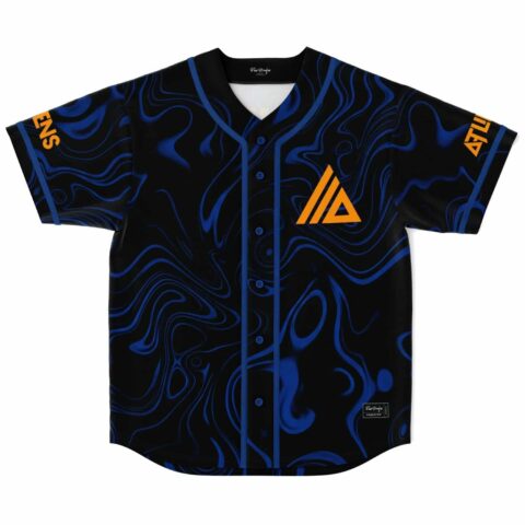 Front view button-up baseball jersey with abstract blue patterns