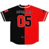 Split red-and-black block jersey back displays MORALES, 05, and 09-12-21, isolated on white