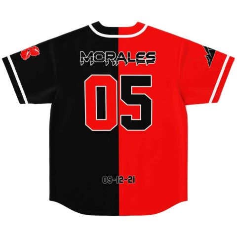 Split red-and-black block jersey back displays MORALES, 05, and 09-12-21, isolated on white