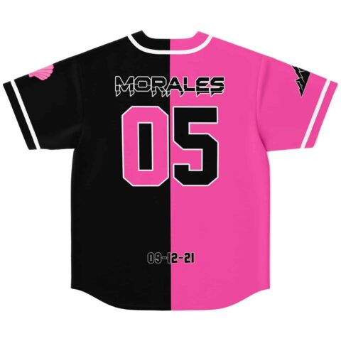 Split black and hot pink jersey back with “MORALES,” number 05, and date 09-12-21