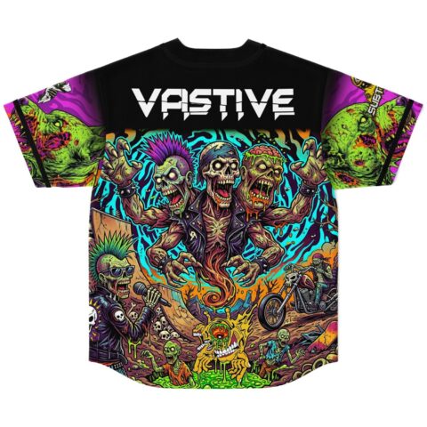 Horror punk zombie scene with neon skulls, motorcycle, and readable VASTIVE lettering, black back view