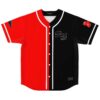 Split red-and-black block baseball jersey with outlined GS emblem, front view on white