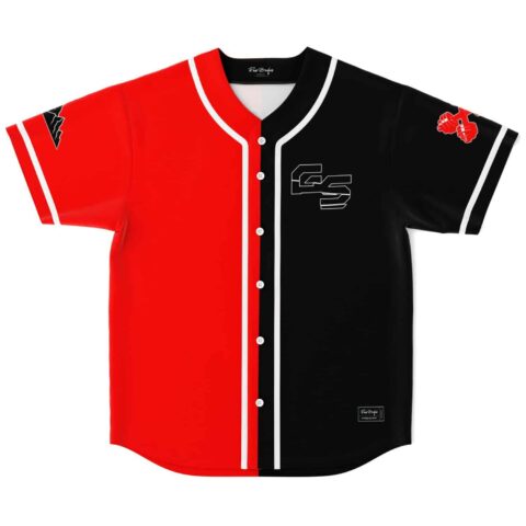 Split red-and-black block baseball jersey with outlined GS emblem, front view on white
