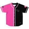 Split hot pink and black jersey with white piping and outlined chest lettering, front view