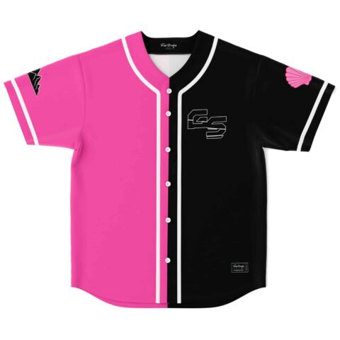 Split hot pink and black jersey with white piping and outlined chest lettering, front view